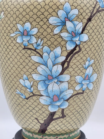 XL Cloisonné Vase Beautiful Floral  Fine Wirework Interior Brass 17 inches tall