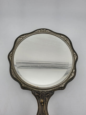 RARE ANTIQUE ART NOUVEAU SILVER PLATED HAND MIRROR REPOUSSE FLOWER DESIGN 1905