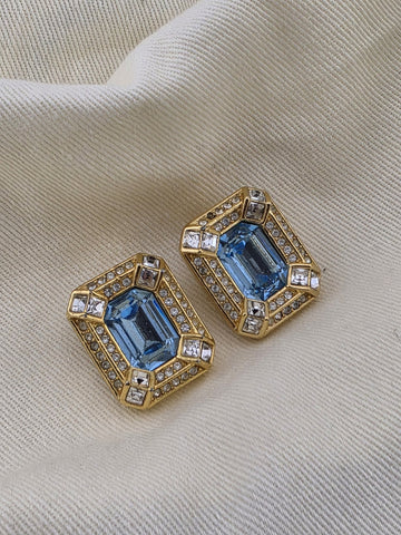 Vintage Christian Dior Blue Crystal Rhinestone Gold Tone Clip On EARRINGS Signed