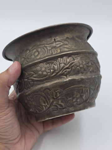Antique 19th C Hand Chased Silver Tone Metal Bowl Floral Repousse Asian Cachepot