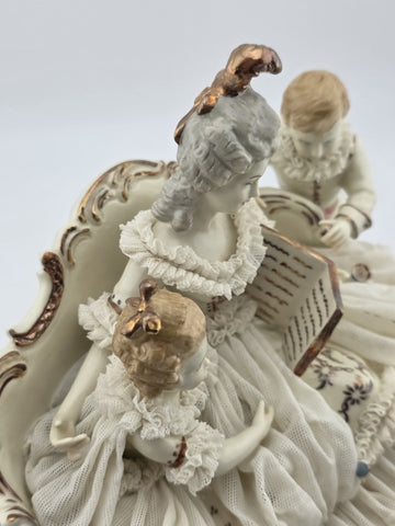 Large Dresden Art Germany Lace Porcelain Figurine Lady w Children W Sofa Reading