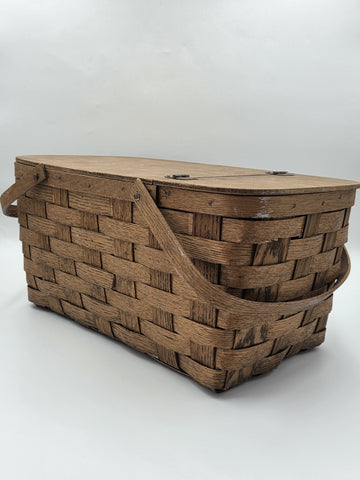 Antique C 1920's Picnic Basket 1" Woven Slats Naturally Aged Patina  Handles Lid