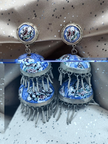 Rare Antique Hand Painted Filigree Silver Lantern Chandelier Dangling Earrings.