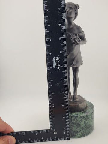Vintage Bronze Sculpture by Suzanne Crizaro “Girl Blowing Bubbles” Marble Stand