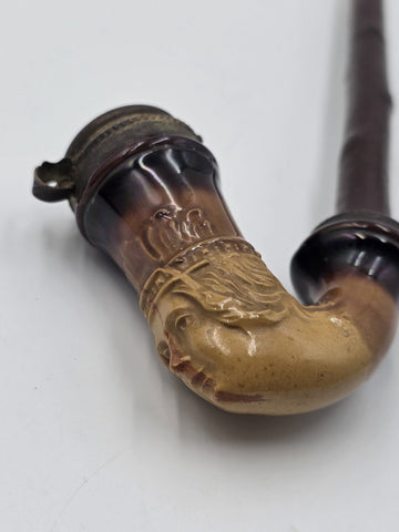 Antique C1890 German Figural Ceramic Tobacco Pipe Long Wood Stem Hinged Wind Cap