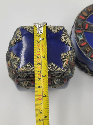Vtg Mid Century Moroccan Berber Style Cobalt Ceramic Box Vase Metal Inlay Set
