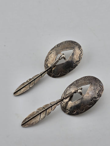 Antique Native American 925 Sterling Silver Earrings Concho Feather Dangle