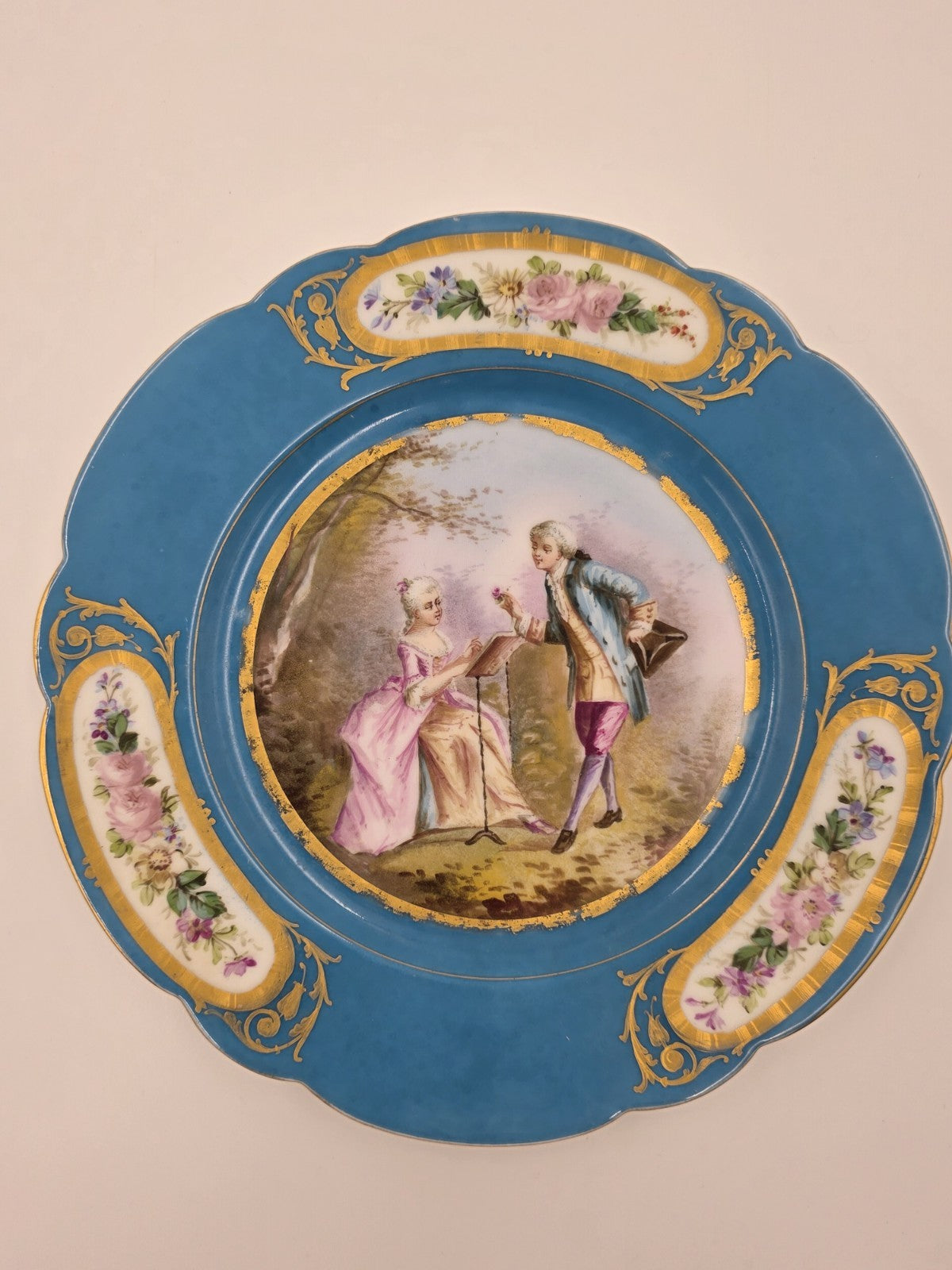 Stunning Rare 1844 Sevres Chateau des Tuilleries Plate Courting Couple Gold Tone