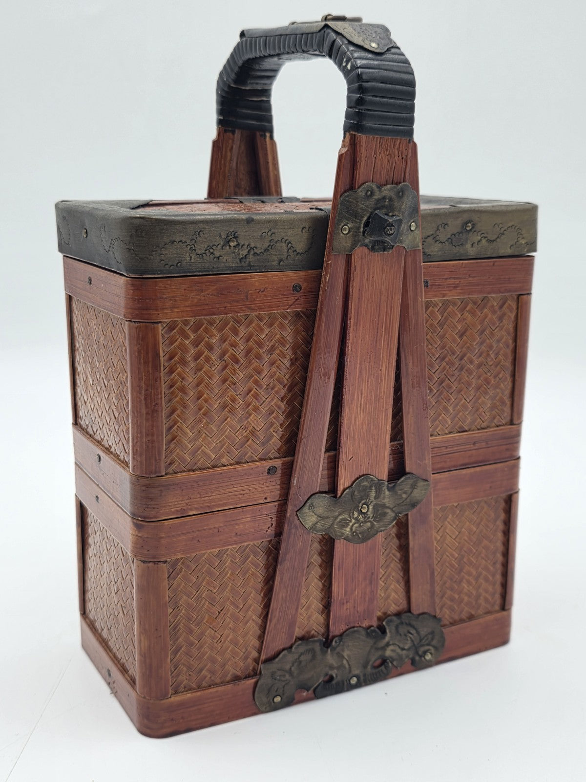 Antique Japanese Meiji Bamboo Picnic Basket Bento Box Woven Basket Complete Case