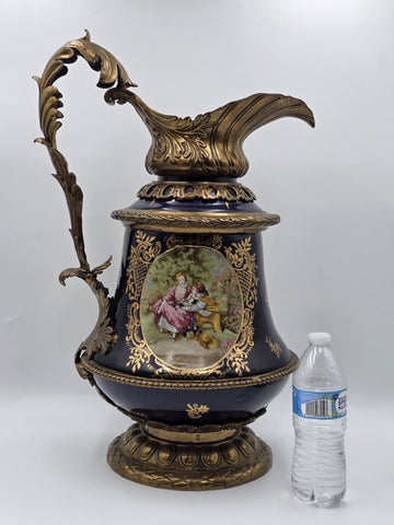 Antique French Cobalt Blue Porcelain &Brass Ewer Fragonard Scene Gilt Bronze 23"
