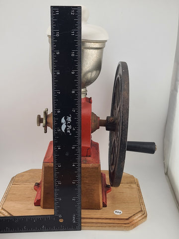 Vintage Elma Big Wheel Coffee Mill Grinder Cast Iron Wheel Mounted On Wood Base