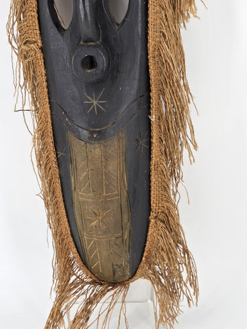 Vintage 40” West African Hand Carved Wood Mask Raffia Fringe Tribal Wall Art