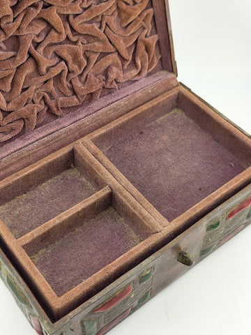 RARE ANTIQUE JAPANESE COPPER  BRASS-BOUND JEWELRY BOX W RAISED ENAMEL DECO MEIJI