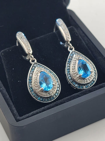 Gorgeous Set Of Natural Blue Topaz & Natural Cut Diamonds Earings W Certificate
