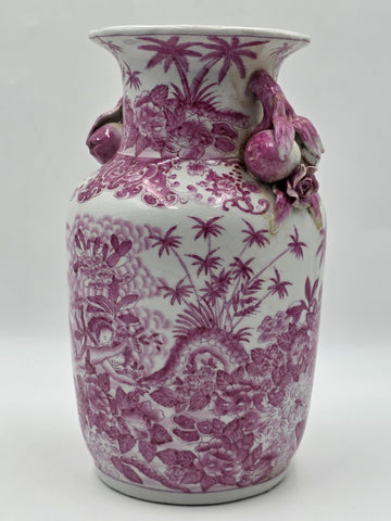 Vintage Chinese Porcelain Pink Chinoiserie Vase w Pommegranate Flowered Handles