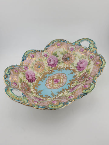 1910's Victorian German Porcelain Handled Bowl Raised Gold &Roses RS Style 11.5"