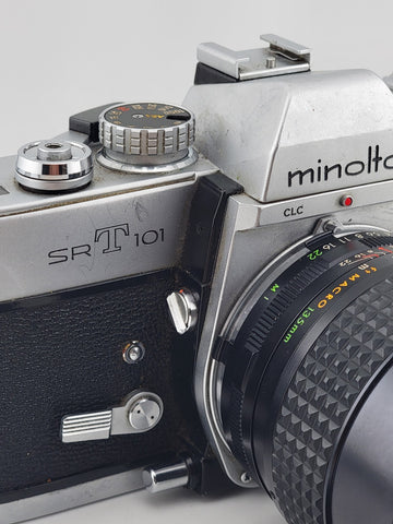 Minolta SRT 101 35mm SLR Film Camera W Venus 1:2.8 F 1 35mm Lens. Untested.