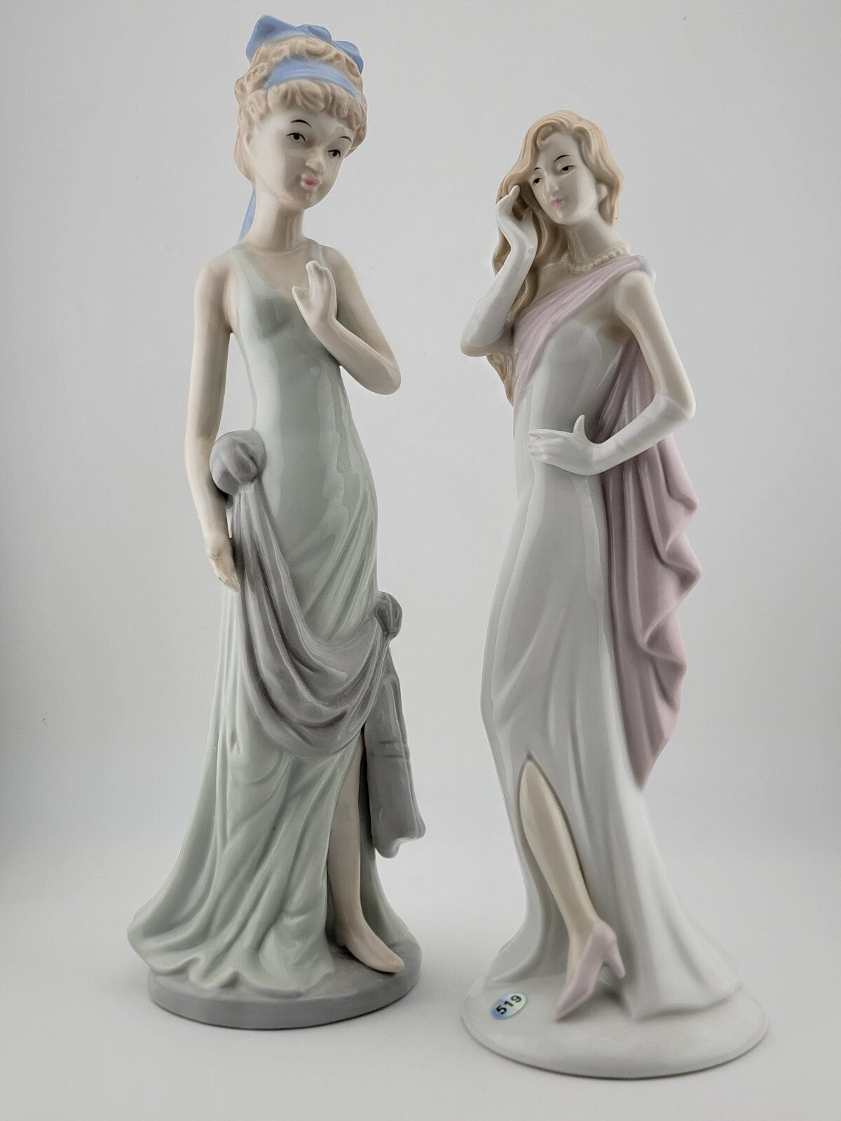 Beautiful Set Of 2 Vintage Porcelain Glazed Hair Women in White Dresses Figurine