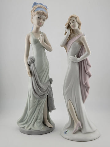 Beautiful Set Of 2 Vintage Porcelain Glazed Hair Women in White Dresses Figurine