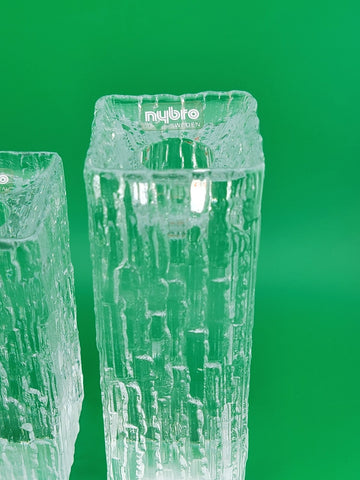 Rare Vintage Set Of 3 Nybro Crystal Heavy Glass Candlestick Holders Ice Pillars