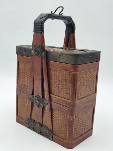 Antique Japanese Meiji Bamboo Picnic Basket Bento Box Woven Basket Complete Case