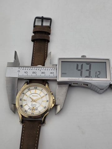 Vintage Seiko Premier SNQ118 Perpetual Calendar Brown Leather Band Mens Watch