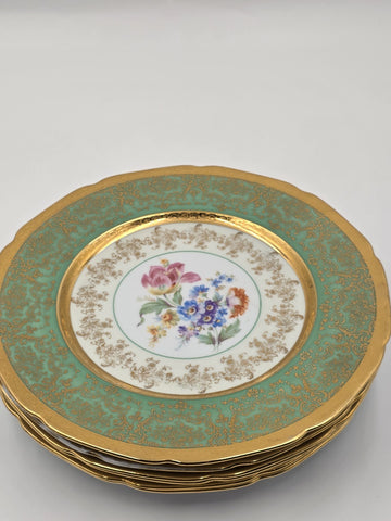 Set Of 6 Vintage Le mieux China 24K Gold Trim Mint Green Floral Cabinet Plates
