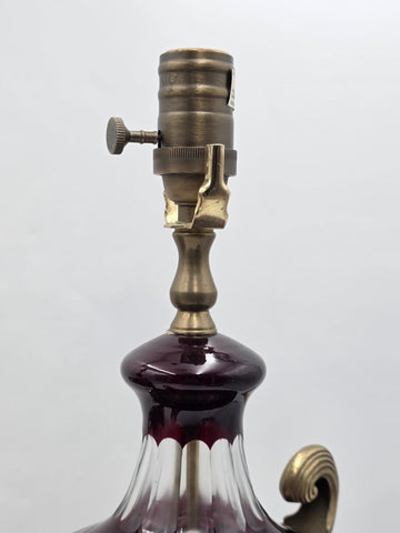 Pair Bohemian Ruby Red Crystal Lamp, Cut-to-Clear Czech Glass, Hollywood Regency