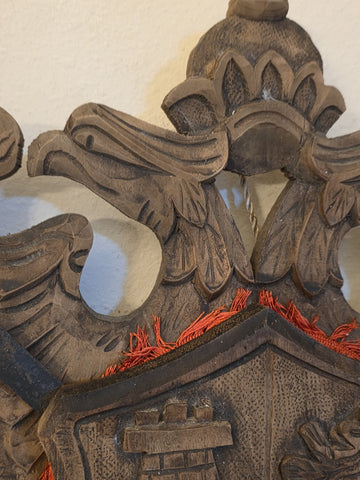 Antique Large Spanish Walnut Wood Carved Family Coat of Arms W 2 Tolido Swords.