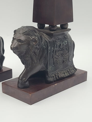 Rare 21" Wildwood Accents Bronze Lion Wood Obelisk Bookends Pair Neoclassical