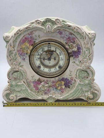Antique 19thC Royal Bonn Germany La Corsica Ansonia Porcelain Mantel Clock Works