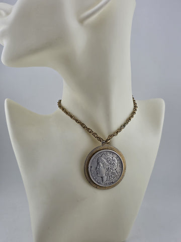 Antique 1921 Morgan Silver Dollar Pendant & 24" Gold Plated chain.