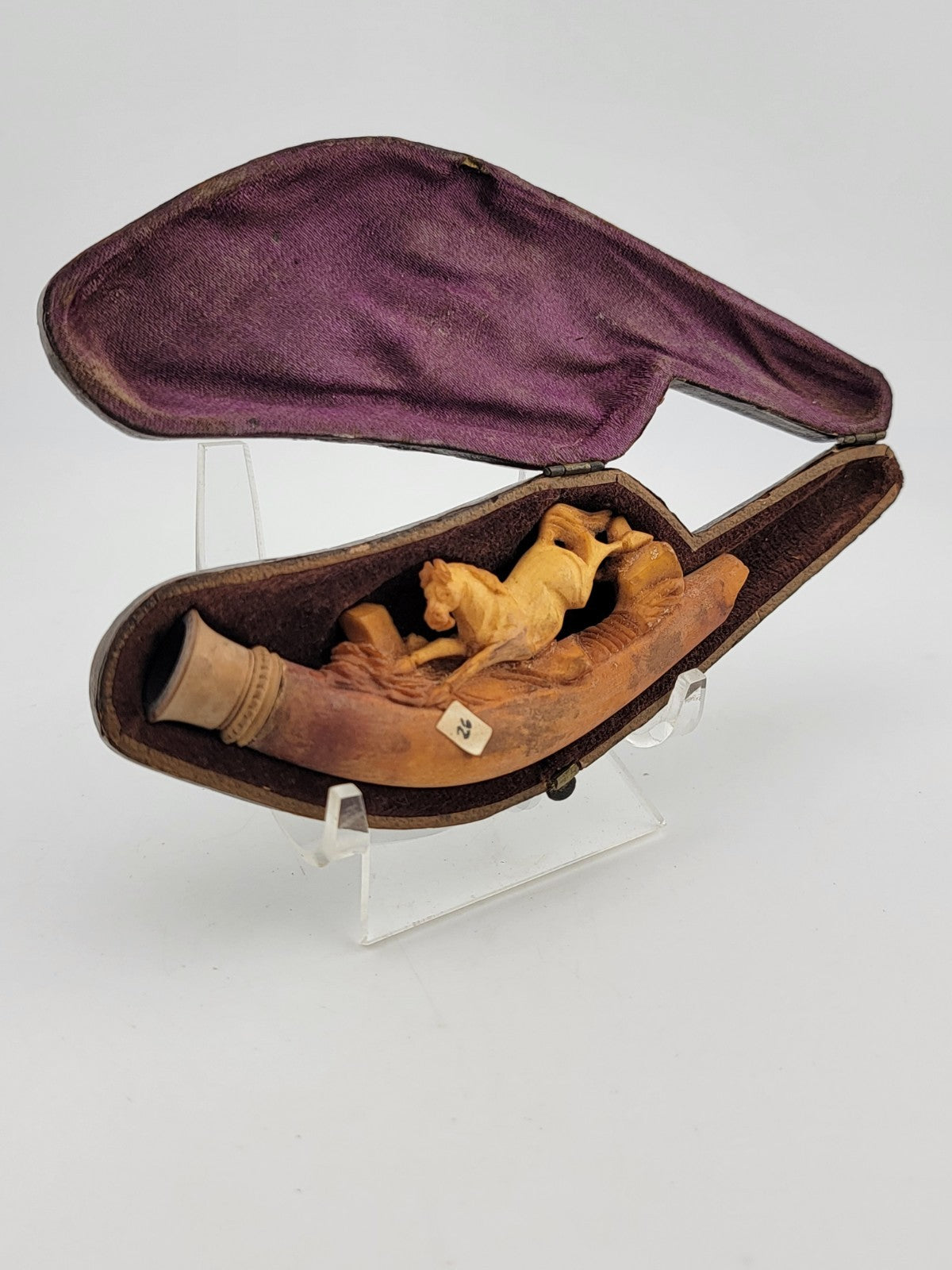 Antique 19th C Horse Theme German Meerschaum Cigarette Holder W Original Case.