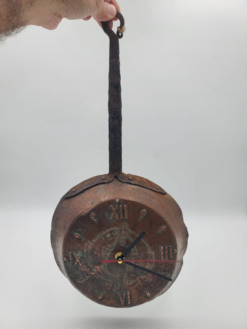 Antique Copper and Wrought Iron Frying Pan Shaped Clock - New Movement. Works