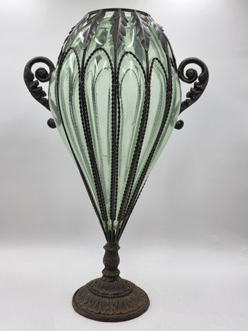 Rare Antique 19th C Murano Green Caged Blown Glass Urn Vase Centerpiece. 23 In