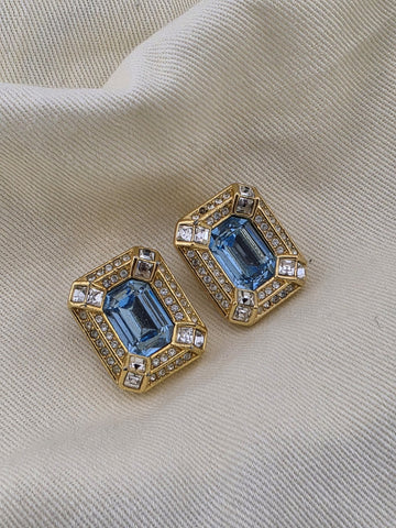 Vintage Christian Dior Blue Crystal Rhinestone Gold Tone Clip On EARRINGS Signed