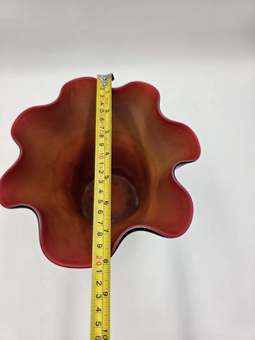 Vtg Azerbaijan Hand-Blown Art Glass Vase 13” Cobalt Red Flame Design Ruffled Top