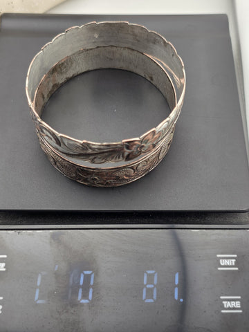 Vintage Pair Sterling Silver 925 Floral Engraved Bangle Bracelets 81g 8.5" Cuff