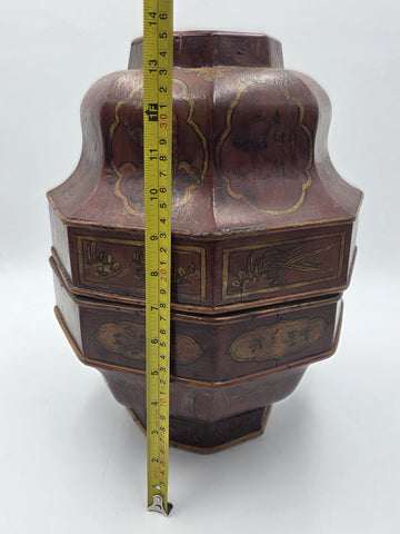 Early 19th C Chinese Qing Dynasty Red Lacquer Wedding Gift Basket Gilt Figures
