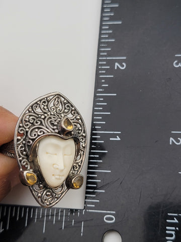 Sterling Silver Bali Goddess Moon Face Ruby Butterfly Pendant, Ring, Necklace