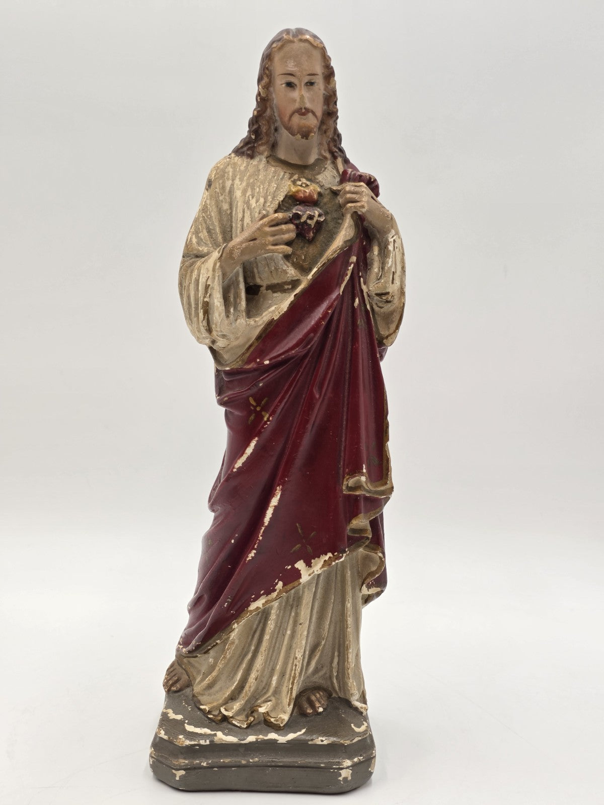 Antique 1930's Sacred Heart Jesus Chalkware Statue 13” Painted Religious Figure