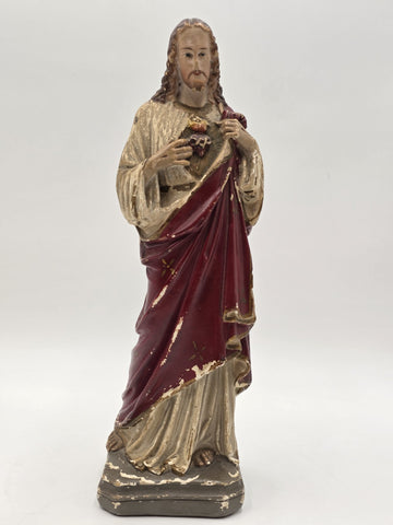 Antique 1930's Sacred Heart Jesus Chalkware Statue 13” Painted Religious Figure