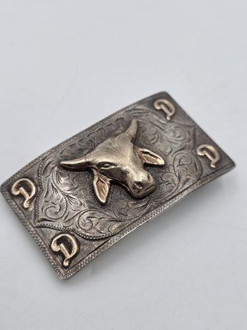 Nelson Co Sterling Silver 10K Solid Gold Bull Head Western Belt Buckle Engraved.