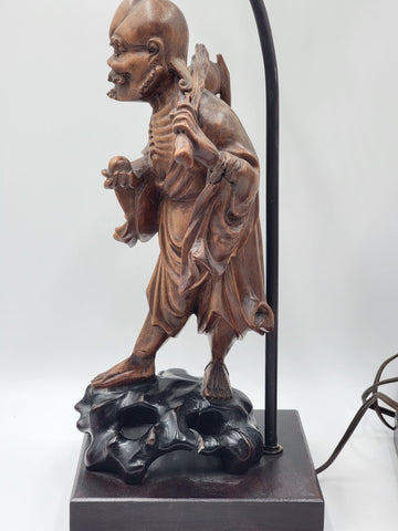 Pair Of Antique C 1910's Chinese Handcarved Boxwood Statues Made Into Lampshades