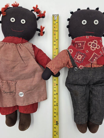 Antique Hannah & George Primitive Folk Art Rag Dolls Signed Handmade 13” Couple