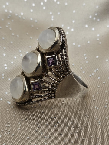 Rare Himalayan Gems 3-Moonstone & Amethyst Multistone Sterling Silver Ring. 9.5