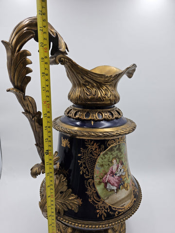 Antique French Cobalt Blue Porcelain &Brass Ewer Fragonard Scene Gilt Bronze 23"
