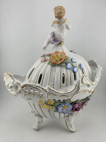 Antique Von Schierholz German Oval Reticulated Footed Bowl Lid & Figured Cherub