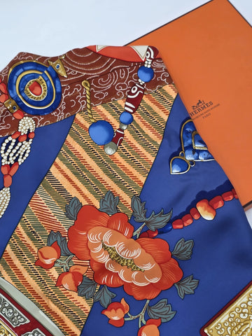 Hermès Silk Scarf 90 “Tibet” Cathy Latham Blue Red Gold Tibetan Jewelry Motif