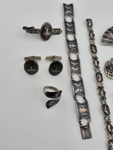 Rare Antique 1940s Siam Sterling Silver Niello Jewelry His And Hers Complete Set